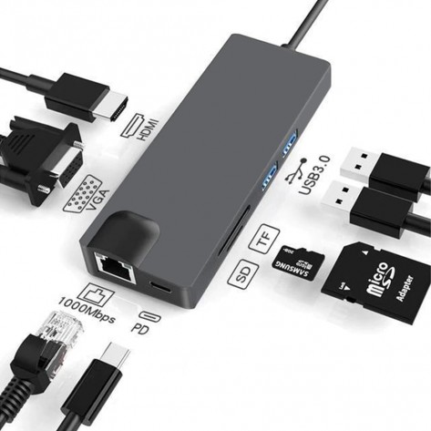 Adaptador Hub 8 em 1 Lotus LT-T801 - 1x USB Tipo-C para 2x USB 3.0, 1x VGA, 1x USB Tipo-C (Power Data), 1x HDMI, 1x Micro SD, 1x SD e 1x RJ45