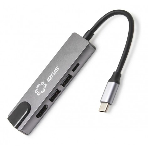 Adaptador Hub 5 em 1 Lotus LT-T601 - 1x USB Tipo-C para 2x USB 3.0, 1x USB Tipo-C, 1x HDMI e 1x RJ45